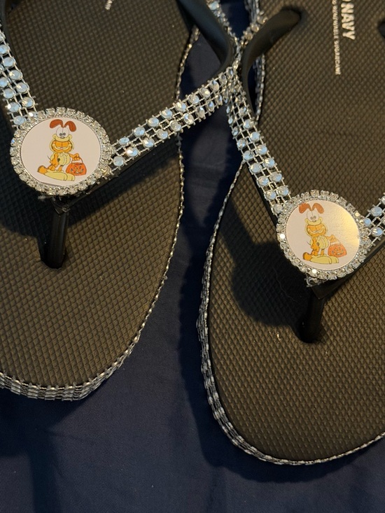 Shoes - Black Rhinestone Flip Flop Sandals with Cartoon Accent